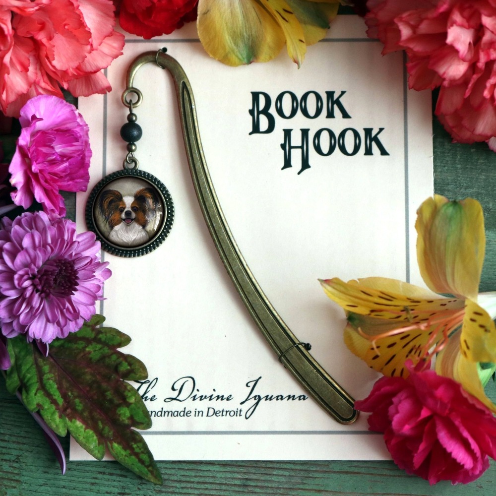 Papillon Dog Bookmark - "Best Friends" - Bronze and Glass Cabochon Book Hook‎